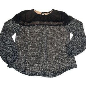 WHITE HOUSE BLACK MARKET Black White Sheer Yoke Lace Sleeve Blouse Top Size 14